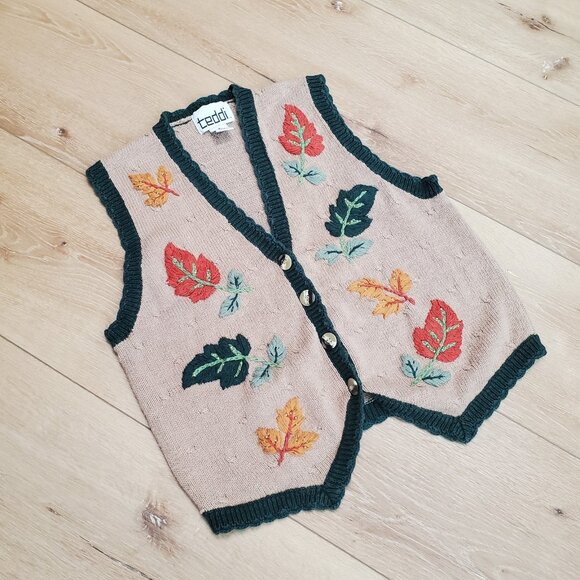 Vintage Teddi Fall Leaf Sweater Vest Cottagecore Button Embroidered Grandma Sz S - Picture 1 of 13